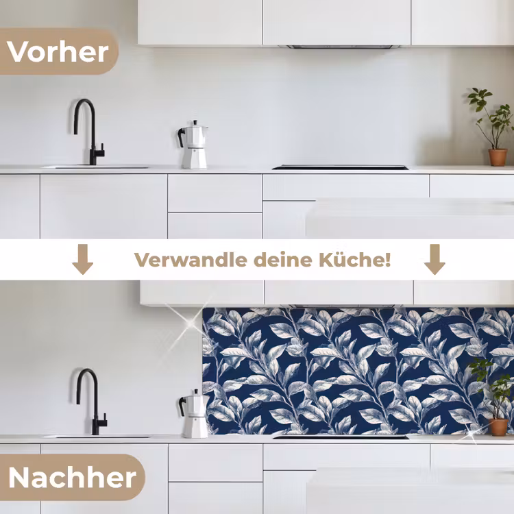 Botanisch - Patroon - Blauw keuken achterwand 2 middel 871 -voor-na_DE