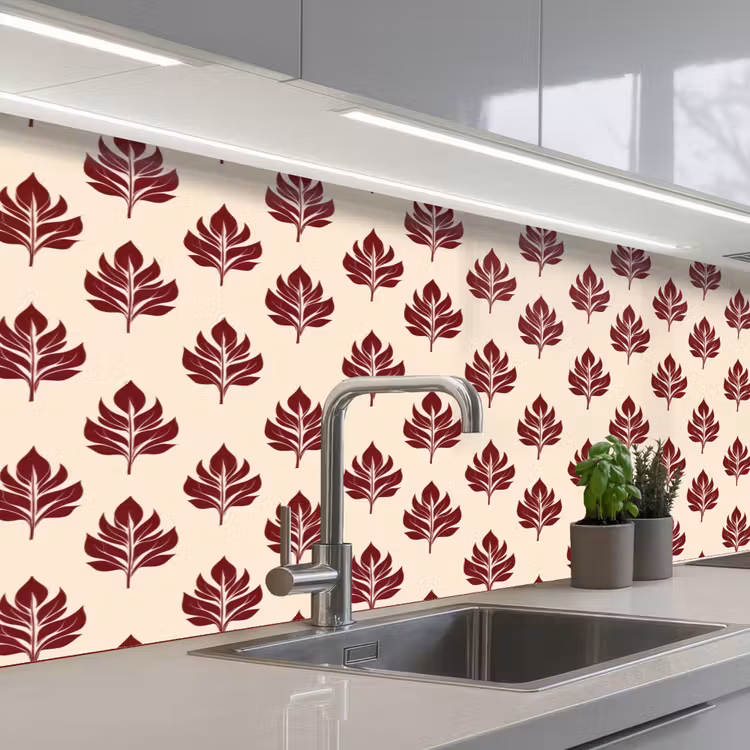 Botanisch - Patroon - Bordeaux keuken achterwand 2 middel 871 -3d_schuin
