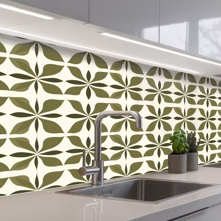 Botanisch - Retro - Groen keuken achterwand 2 middel 871 -3d_schuin