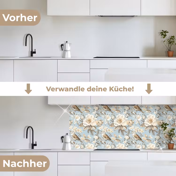 Botanisch - Zangvogel - Blauw keuken achterwand 2 middel 871 -voor-na_DE