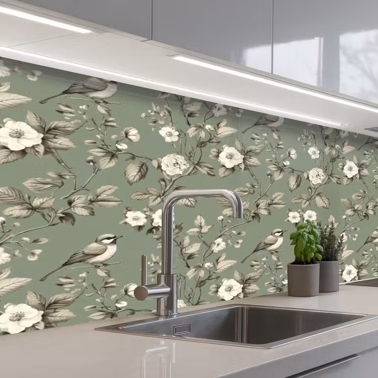 Botanisch - Vogels - Groen keuken achterwand 2 middel 871 -3d_schuin