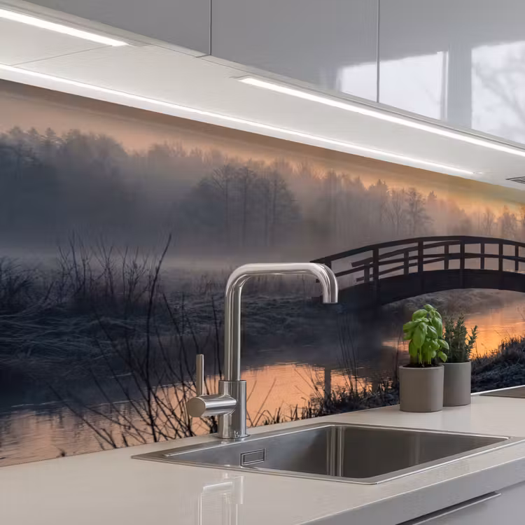 Brug - Mist - Bomen - Water keuken achterwand 2 middel -3d_schuin