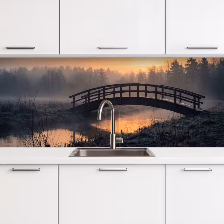 Brug - Mist - Bomen - Water keuken achterwand 2 middel -3d