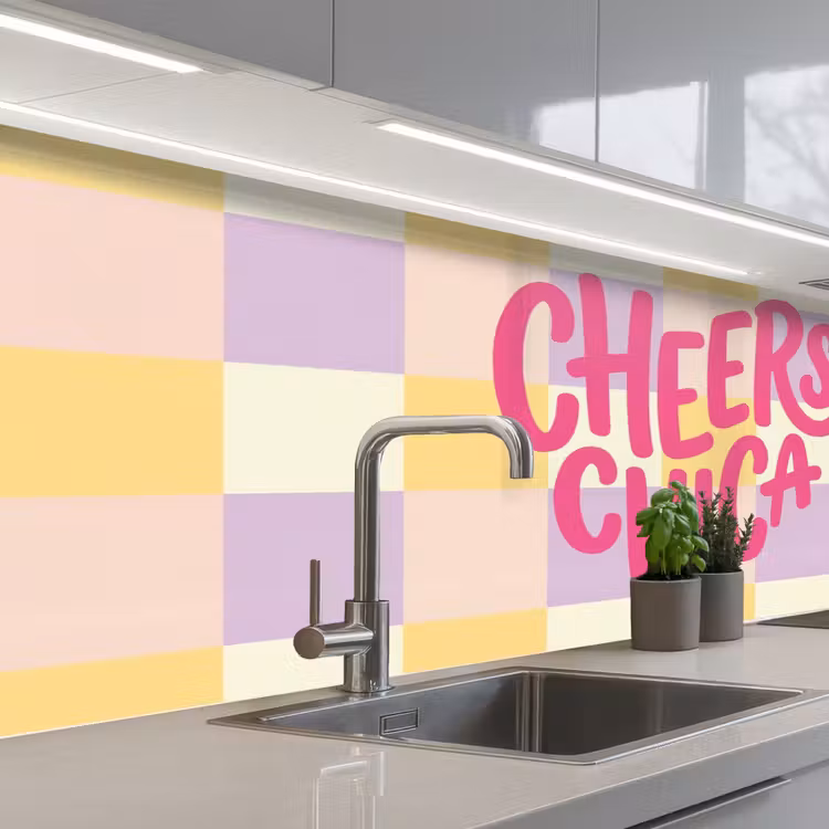 Cheers Chica - Ruitjes - Lila - Geel keuken achterwand 2 middel -3d_schuin