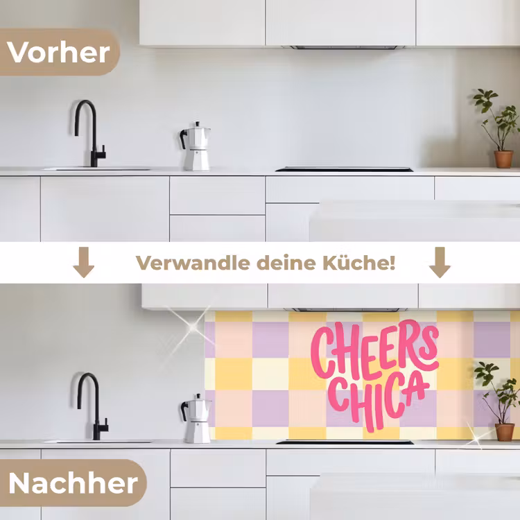 Cheers Chica - Ruitjes - Lila - Geel keuken achterwand 2 middel -voor-na_DE