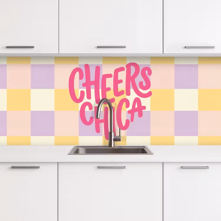 Cheers Chica - Ruitjes - Lila - Geel keuken achterwand 2 middel -3d