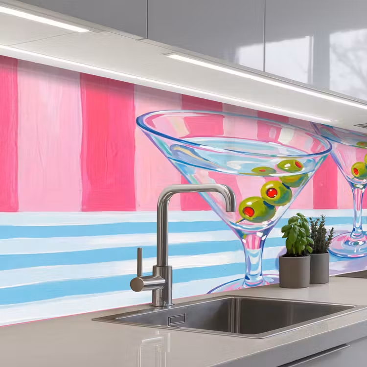 Cocktail - Olijven - Kunst - Modern - Roze keuken achterwand 2 middel -3d_schuin