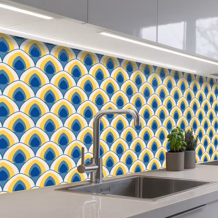 Design - Patroon - Retro - Geel - Blauw keuken achterwand 2 middel 871 -3d_schuin