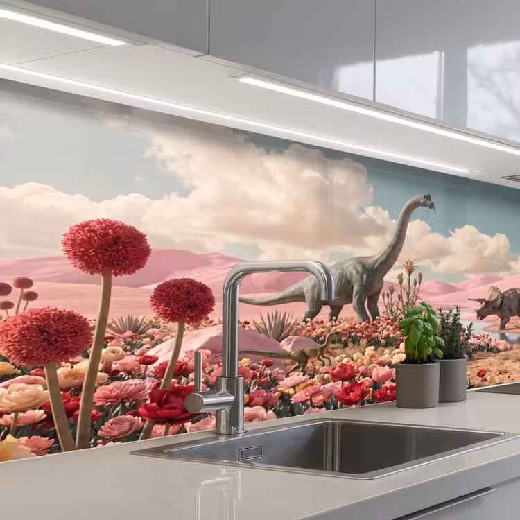 Küchenrückwand - Dinosaurier – Rosa – Landschaft - Dinosaurus - Roze - Landschap keuken achterwand 2 middel