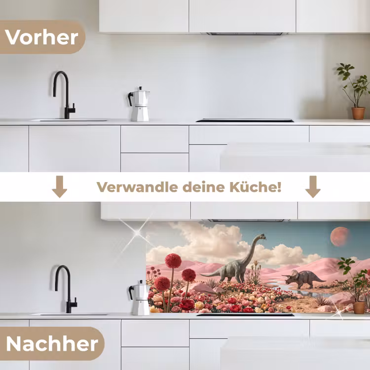Küchenrückwand - Dinosaurier – Rosa – Landschaft - Dinosaurus - Roze - Landschap keuken achterwand 2 middel