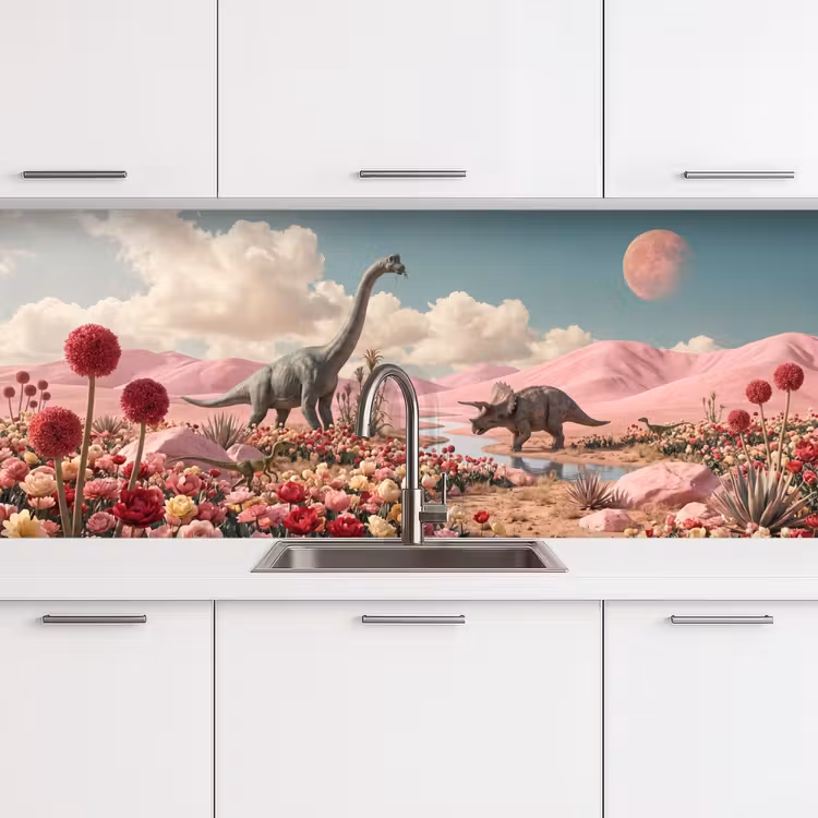 Küchenrückwand - Dinosaurier – Rosa – Landschaft - Dinosaurus - Roze - Landschap keuken achterwand 2 middel