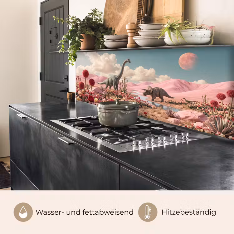 Küchenrückwand - Dinosaurier – Rosa – Landschaft - Dinosaurus - Roze - Landschap keuken achterwand 2 middel
