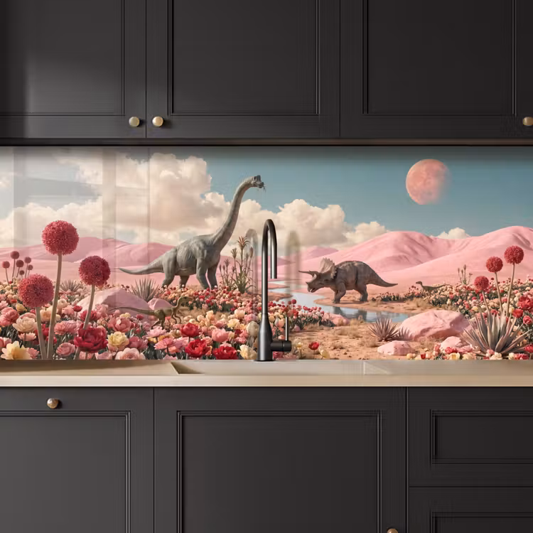 Küchenrückwand - Dinosaurier – Rosa – Landschaft - Dinosaurus - Roze - Landschap keuken achterwand 2 middel