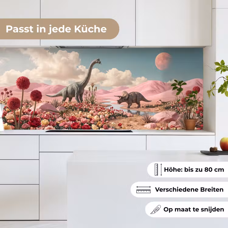 Küchenrückwand - Dinosaurier – Rosa – Landschaft - Dinosaurus - Roze - Landschap keuken achterwand 2 middel