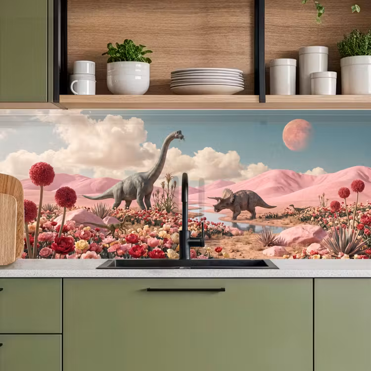 Küchenrückwand - Dinosaurier – Rosa – Landschaft - Dinosaurus - Roze - Landschap keuken achterwand 2 middel