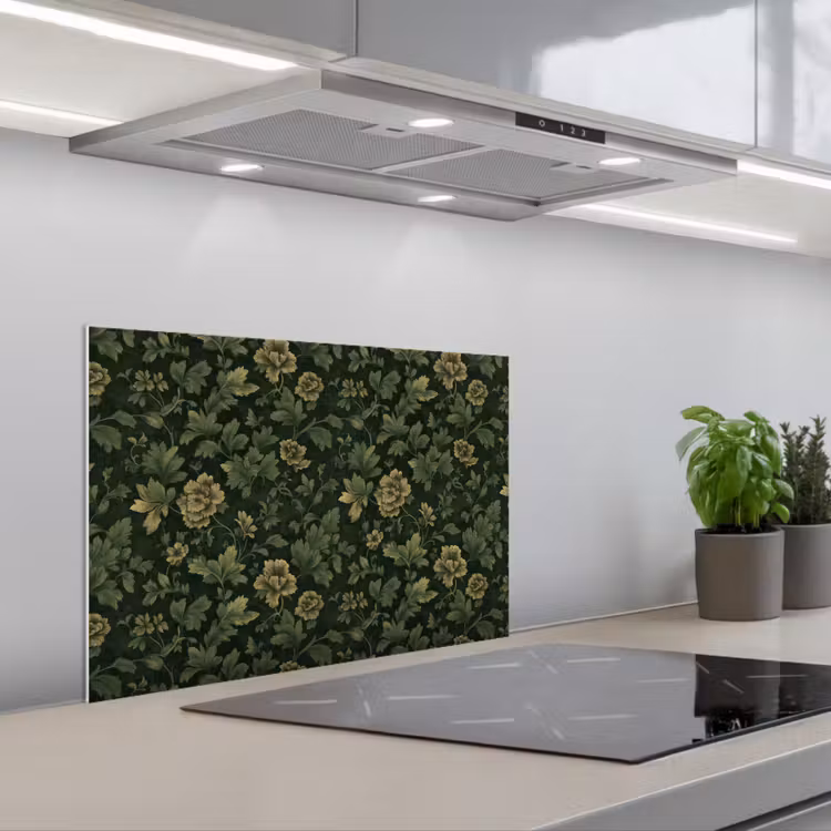Donker - Groen - Goud - Botanisch keuken achterwand spatscherm klein 900 -3d_schuin