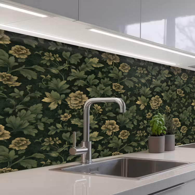 Donker - Groen - Goud - Botanisch keuken achterwand 2 middel 871 -3d_schuin