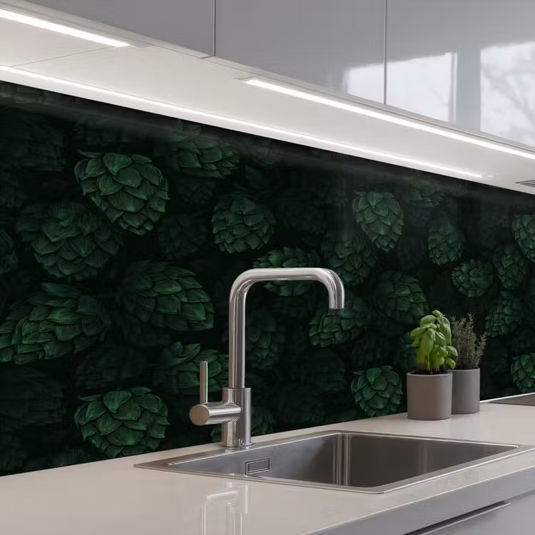 Donker - Groen - Hopbellen - Botanisch - Illustratie keuken achterwand 2 middel 871 -3d_schuin