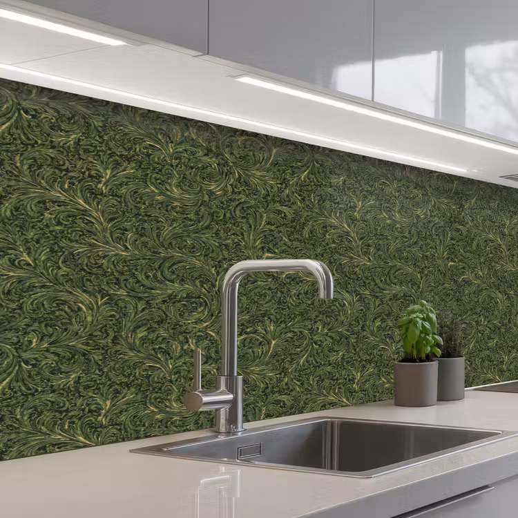 Donker - Groen - Krullend - Botanisch keuken achterwand 2 middel 871 -3d_schuin