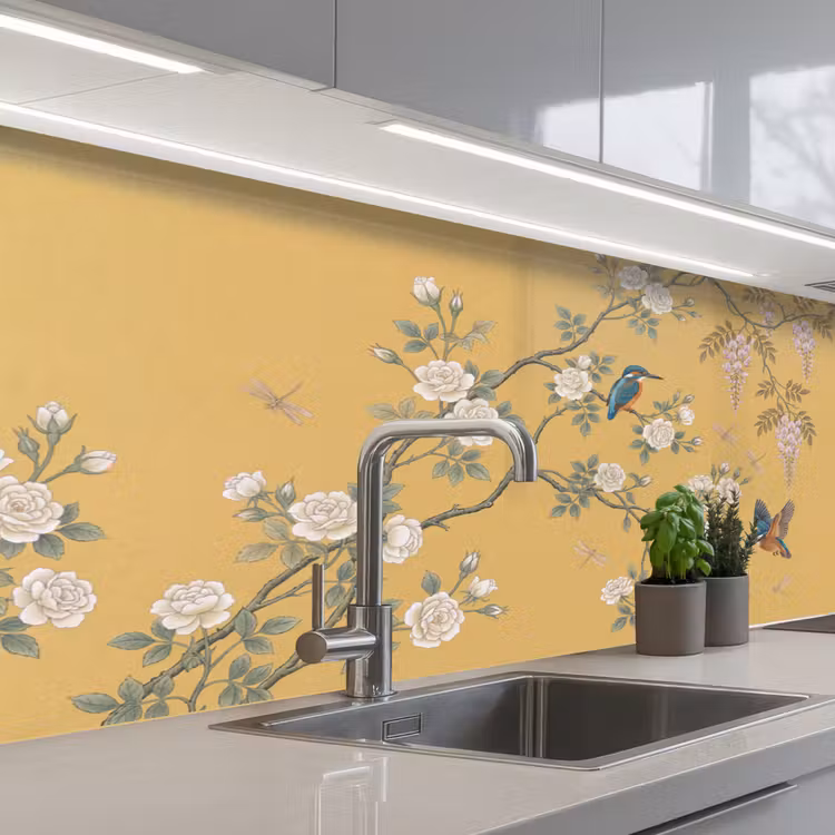 IJsvogels - Bloesem - Geel keuken achterwand 2 middel -3d_schuin