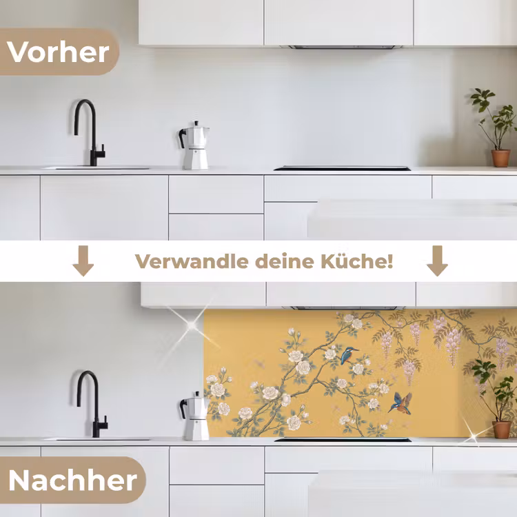 IJsvogels - Bloesem - Geel keuken achterwand 2 middel -voor-na_DE