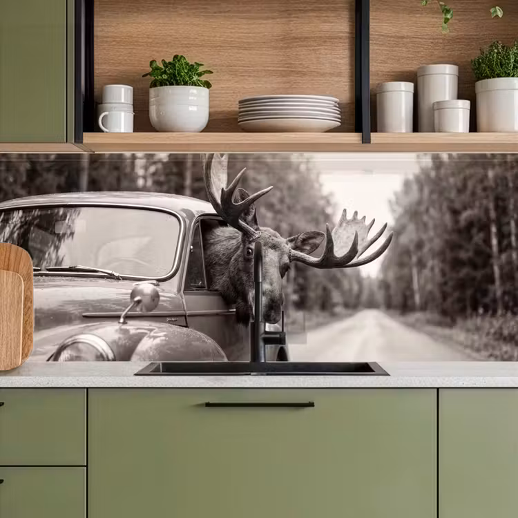 Eland - Auto - Gewei - Zwart - Wit keuken achterwand 2 middel -sfeer3