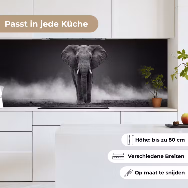 Olifant - Zwart - Wit - Rook keuken achterwand 2 middel -sfeer4_DE