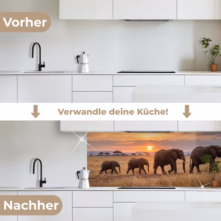 Olifanten - Savanne - Zonsondergang - Afrika - Warm keuken achterwand 2 middel -voor-na_DE