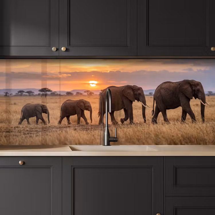 Olifanten - Savanne - Zonsondergang - Afrika - Warm keuken achterwand 2 middel -sfeer1