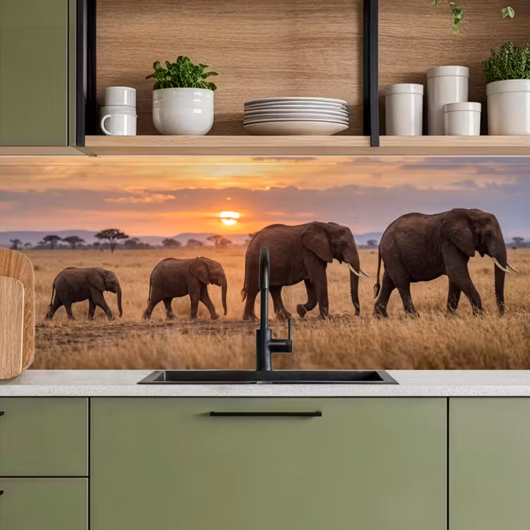 Olifanten - Savanne - Zonsondergang - Afrika - Warm keuken achterwand 2 middel -sfeer3