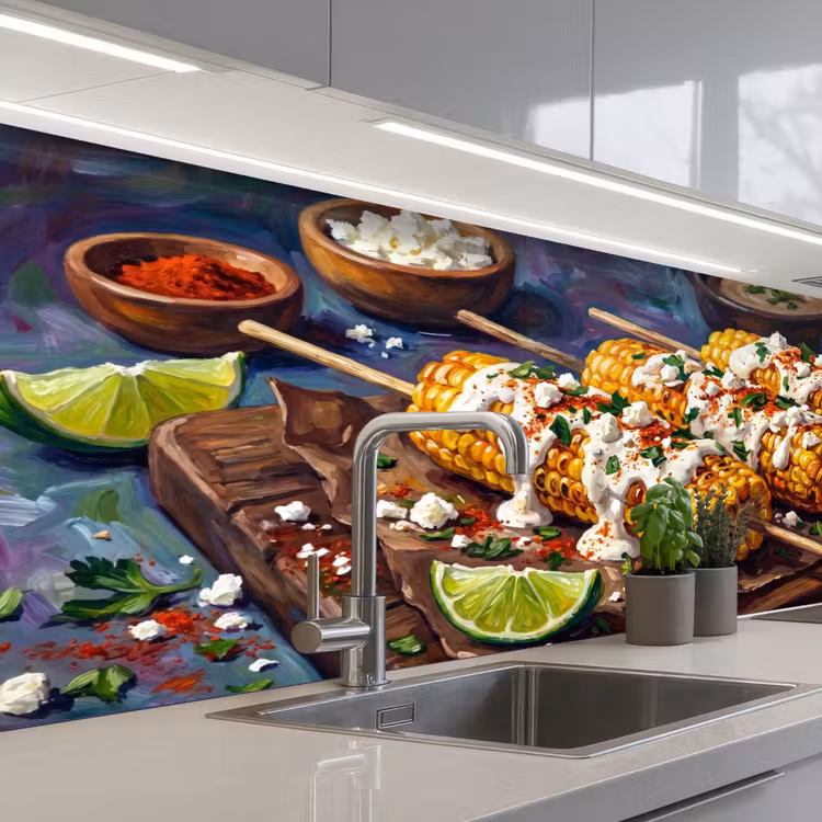 Eten - Maïs - Saus - Geschilderd - Geel keuken achterwand 2 middel -3d_schuin