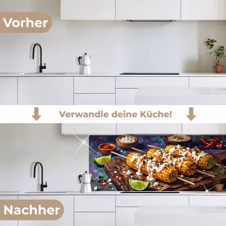 Eten - Maïs - Saus - Geschilderd - Geel keuken achterwand 2 middel -voor-na_DE