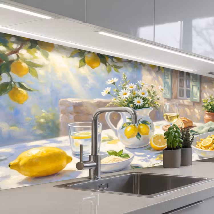 Eten - Terras - Zomer - Geschilderd - Geel keuken achterwand 2 middel -3d_schuin