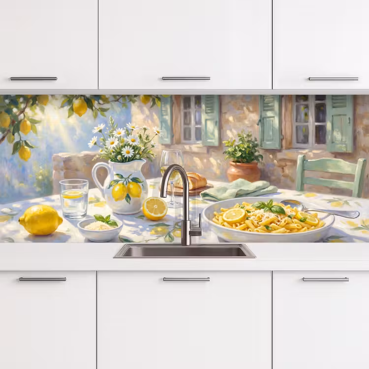Eten - Terras - Zomer - Geschilderd - Geel keuken achterwand 2 middel -3d