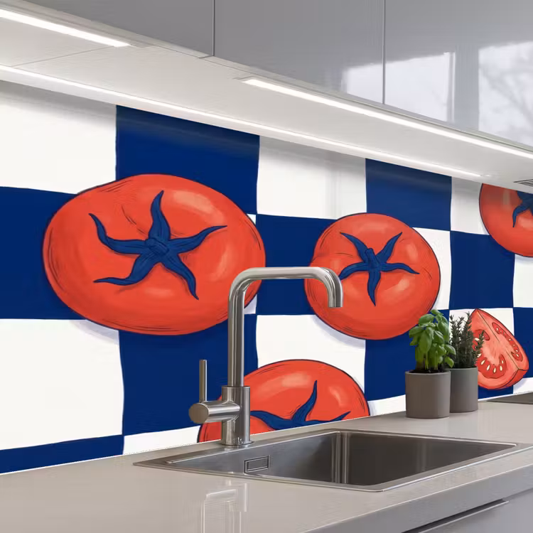 Eten - Tomaten - Keuken - Illustratie - Rood-Blauw keuken achterwand 2 middel -3d_schuin