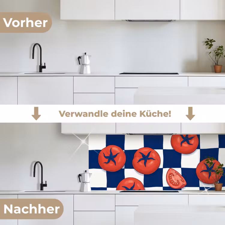 Eten - Tomaten - Keuken - Illustratie - Rood-Blauw keuken achterwand 2 middel -voor-na_DE