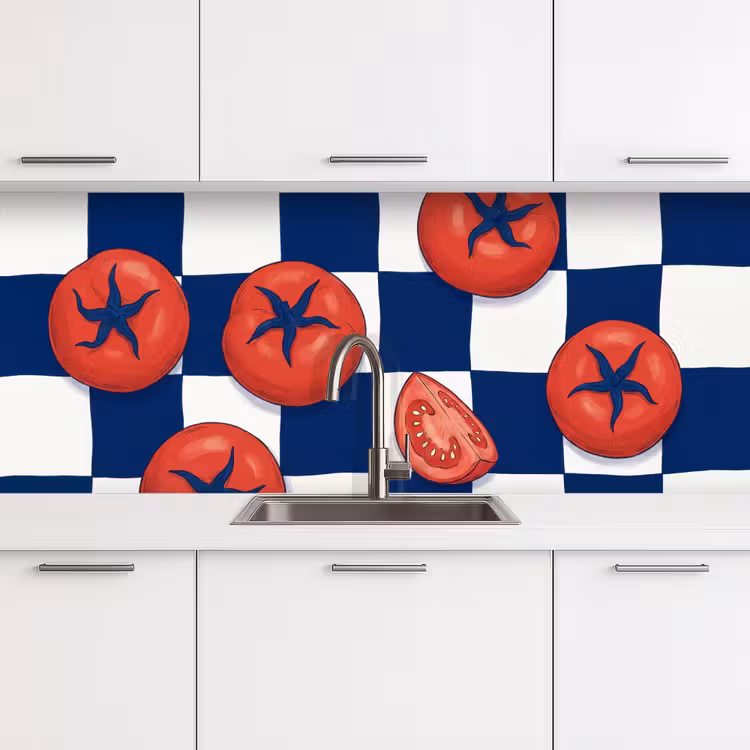 Eten - Tomaten - Keuken - Illustratie - Rood-Blauw keuken achterwand 2 middel -3d