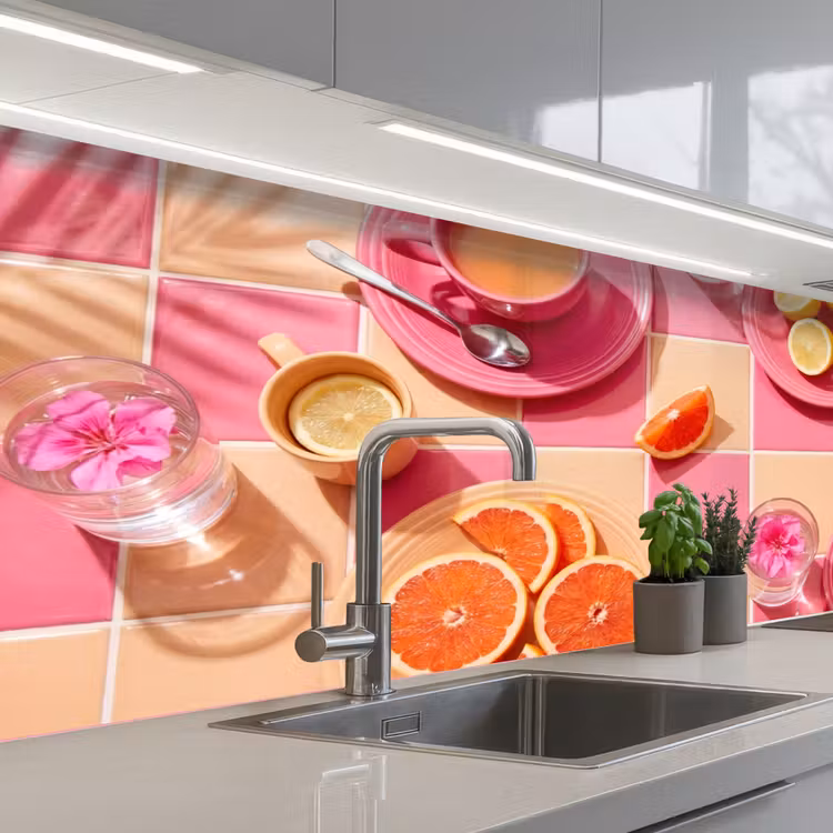 Eten - Citrusvruchten - Stillevens - Roze - Oranje keuken achterwand 2 middel -3d_schuin