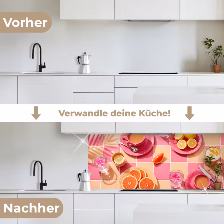 Eten - Citrusvruchten - Stillevens - Roze - Oranje keuken achterwand 2 middel -voor-na_DE