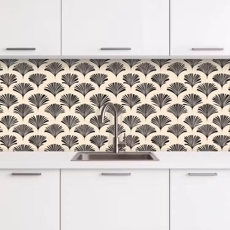 Waaiers - Botanisch - Zwart - Beige keuken achterwand 2 middel 871 -3d
