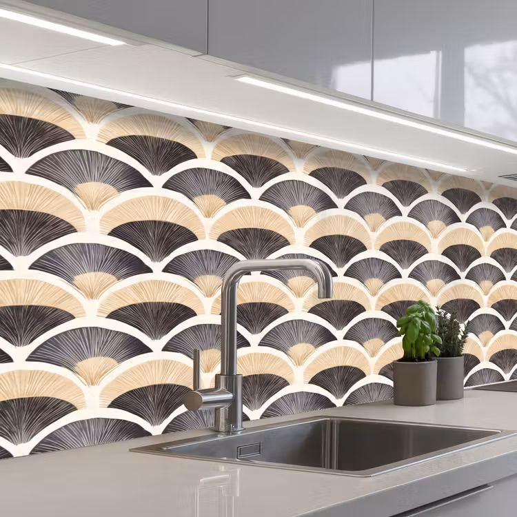 Waaier - Patroon - Zwart - Beige keuken achterwand 2 middel 871 -3d_schuin