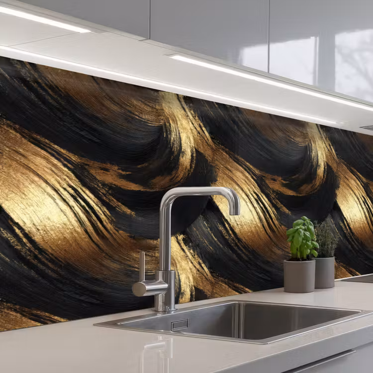 Verfstreken - Abstract - Goud - Zwart keuken achterwand 2 middel 871 -3d_schuin