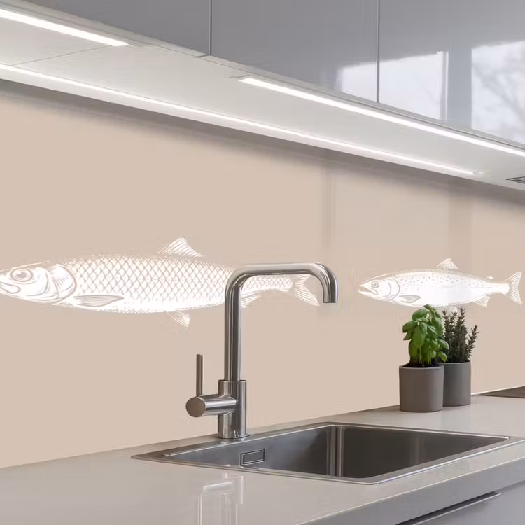 Vissen - Beige - Wit keuken achterwand 2 middel -3d_schuin