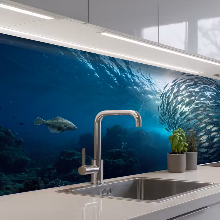 Vis - School - Oceaan - Natuur - Blauw keuken achterwand 2 middel -3d_schuin