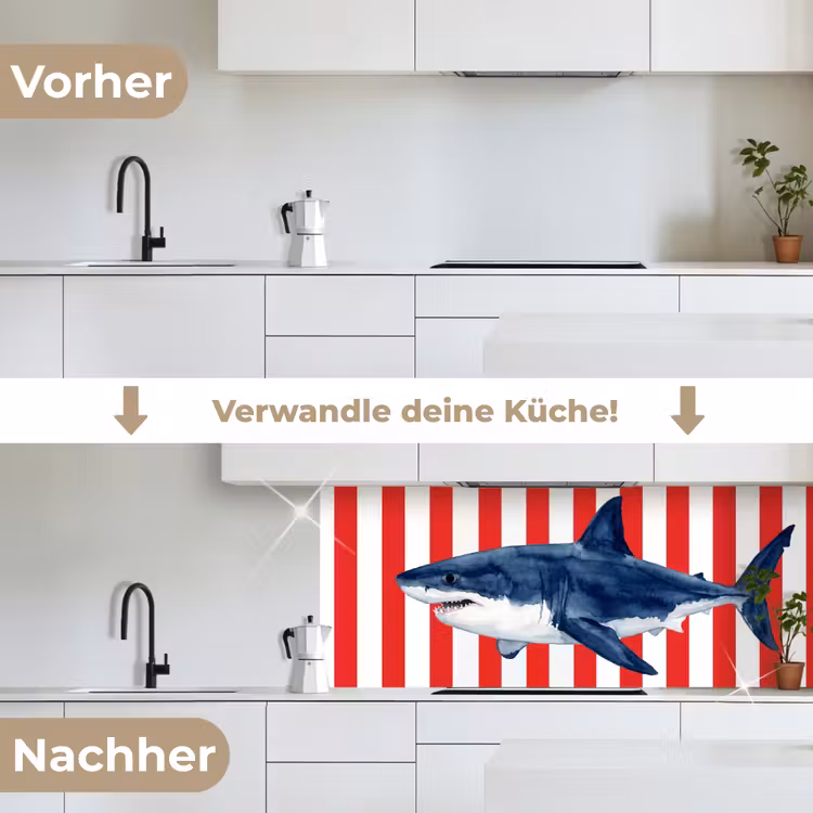 Vis - Haai - Zee - Illustratie - Blauw keuken achterwand 2 middel -voor-na_DE