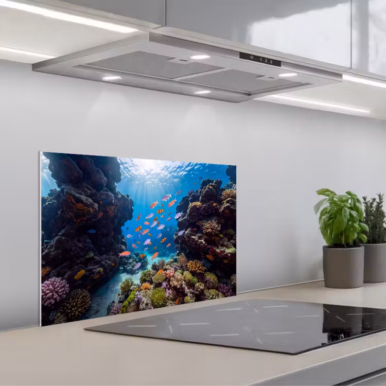 Vis - Koraalrif - Onderwater - Levendig - Blauw keuken achterwand spatscherm klein -3d_schuin