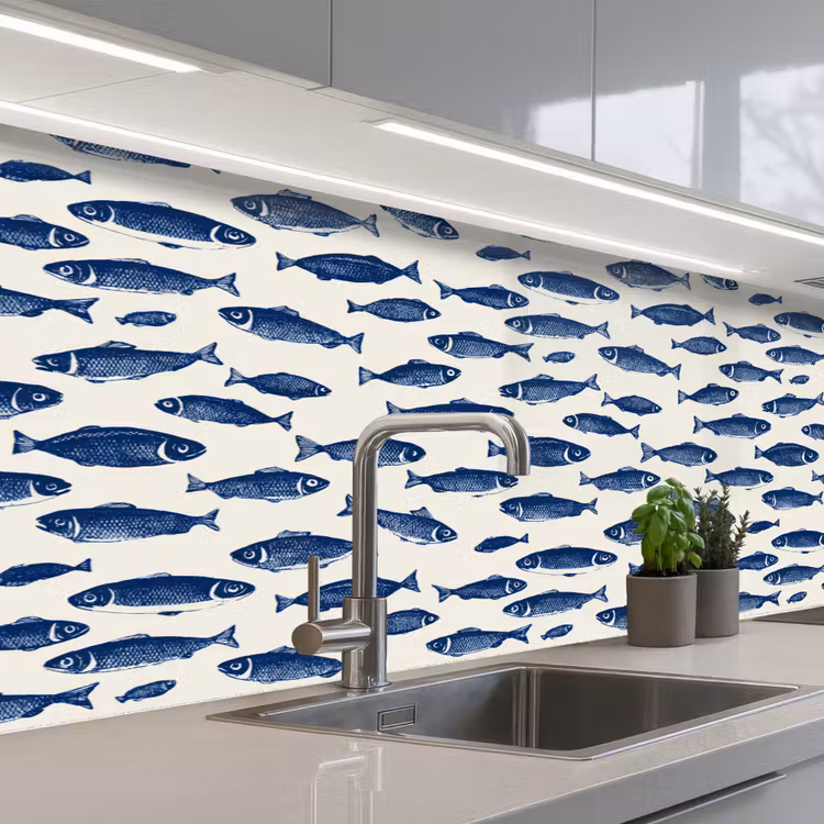 Vissen - Patroon - Blauw - Wit keuken achterwand 2 middel 871 -3d_schuin