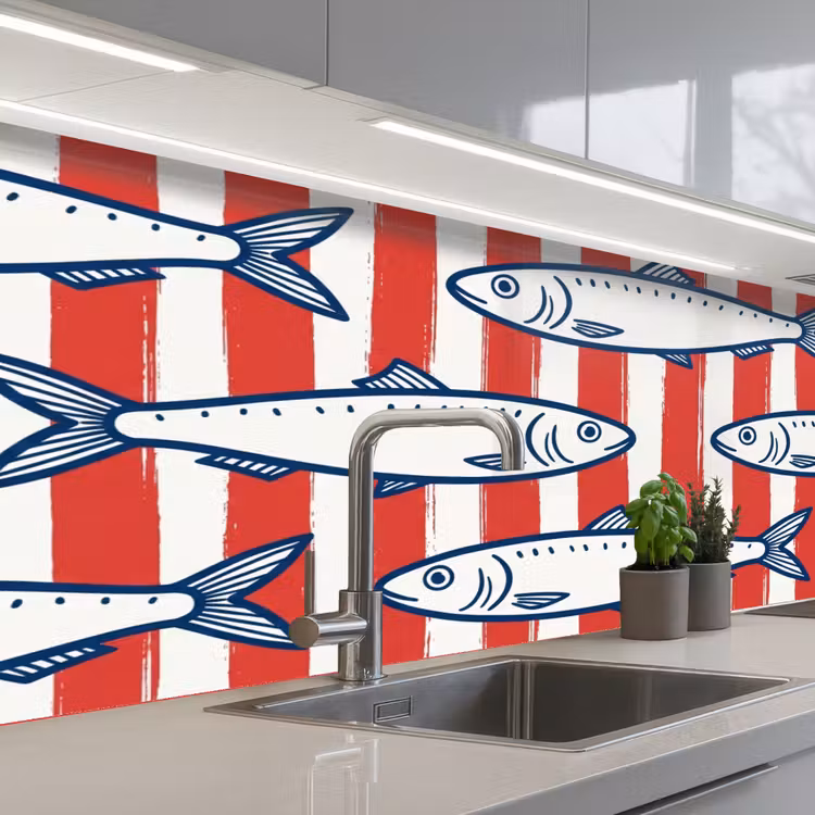 Vis - Patroon - Strepen - Illustratie - Rood keuken achterwand 2 middel -3d_schuin