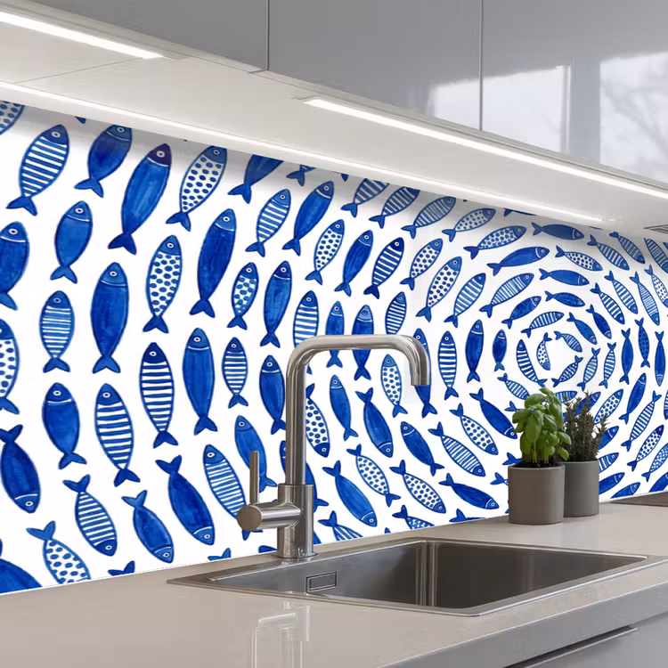 Vis - Patroon - Onderwater - Abstract - Blauw keuken achterwand 2 middel -3d_schuin