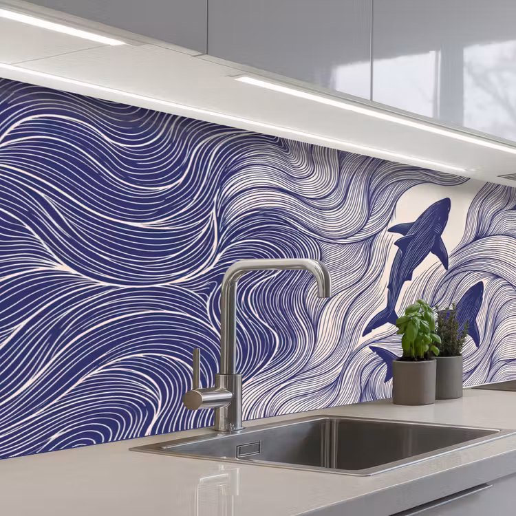 Vis - Oceaan - Lijntekening - Blauw - Dieren keuken achterwand 2 middel -3d_schuin